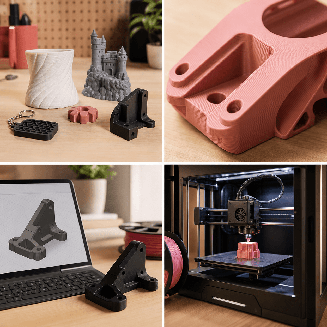 Completed 3D prints, a CAD model, and a printer producing a part